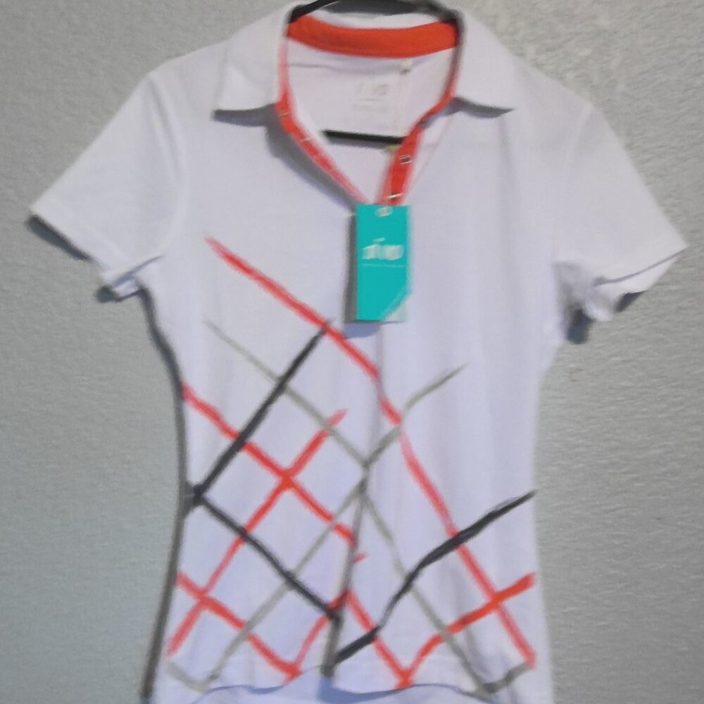 Womens white golfing shirt with orange, black and gray designs. N'vo brand. XS.